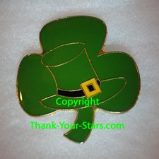 Shamrock Lapel Pin Front - Porcelain Green With Leprechaun Hat in Center